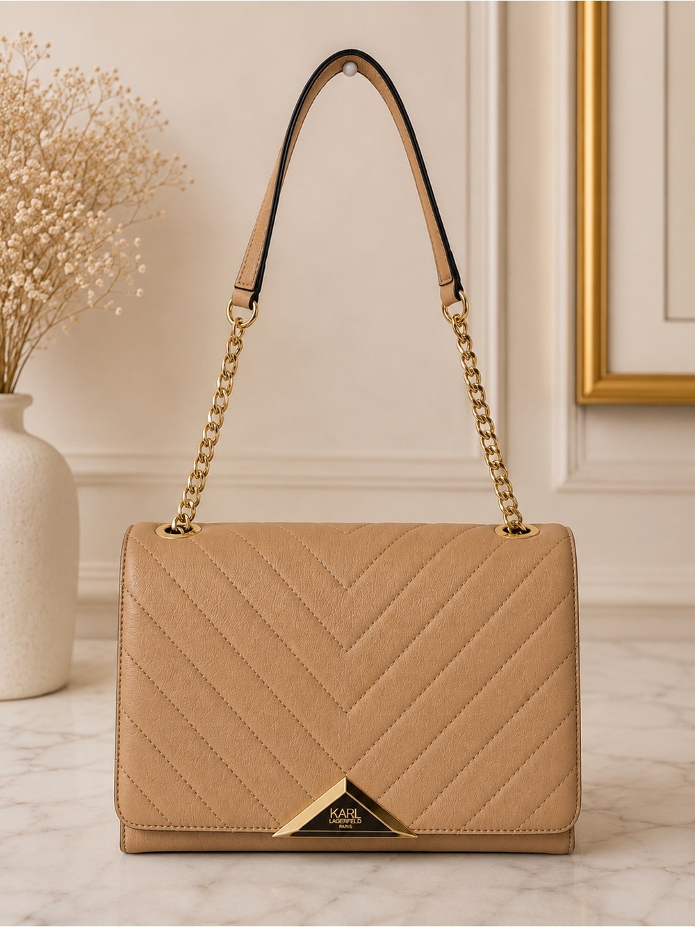 Karl Lagerfeld Tan Quilted Leather should bag gold Chain Bag